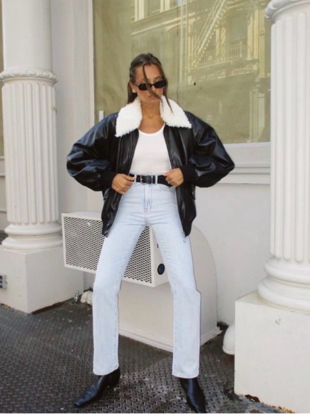 WeWoreWhat Black Faux Leather Bomber Jacket with White Sherpa Collar
